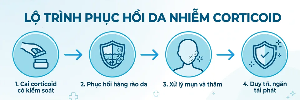 Sơ đồ lộ trình phục hồi da nhiễm corticoid 4 giai đoạn
