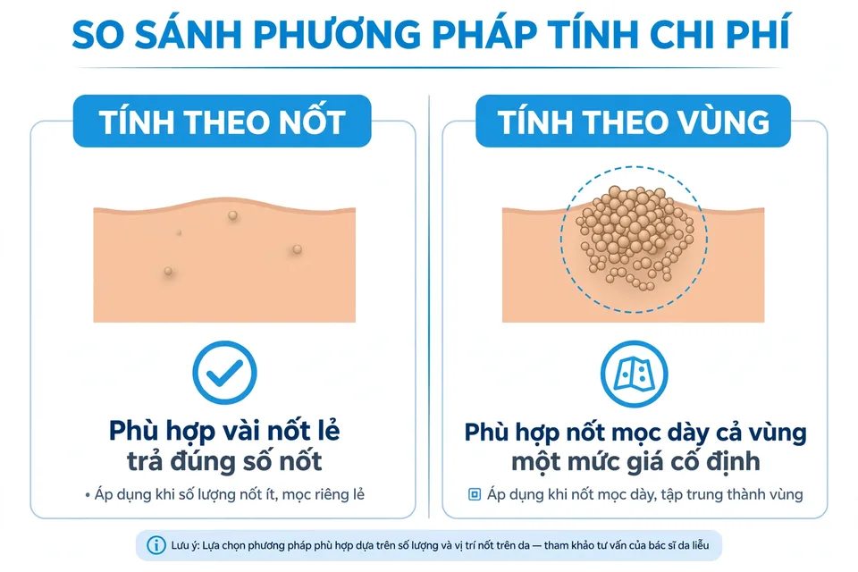Sơ đồ so sánh hai cách tính giá đốt mụn thịt: tính theo nốt và tính theo vùng