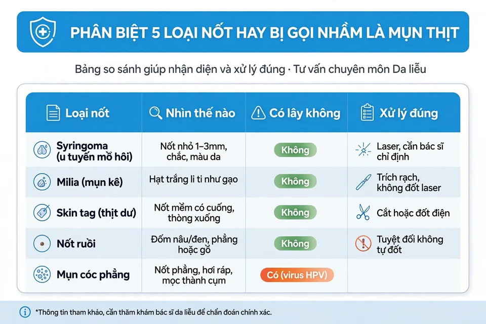 Infographic bảng so sánh 5 loại nốt hay bị gọi nhầm là mụn thịt