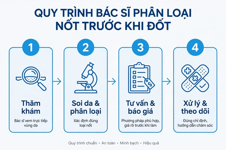 Sơ đồ 4 bước bác sĩ phân loại nốt trước khi đốt mụn thịt