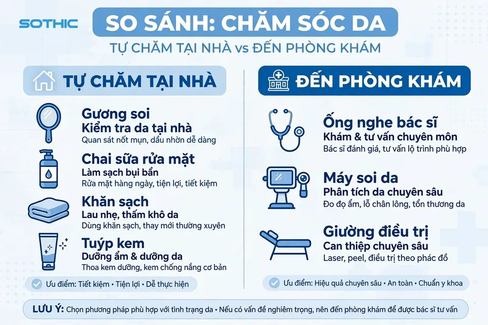 Infographic so sánh tự chăm sóc da mụn tại nhà và đến phòng khám da liễu điều trị