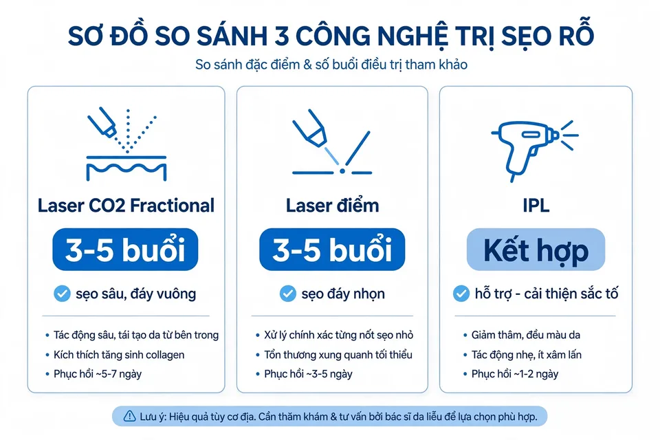 Sơ đồ so sánh số buổi trị sẹo rỗ theo từng công nghệ laser